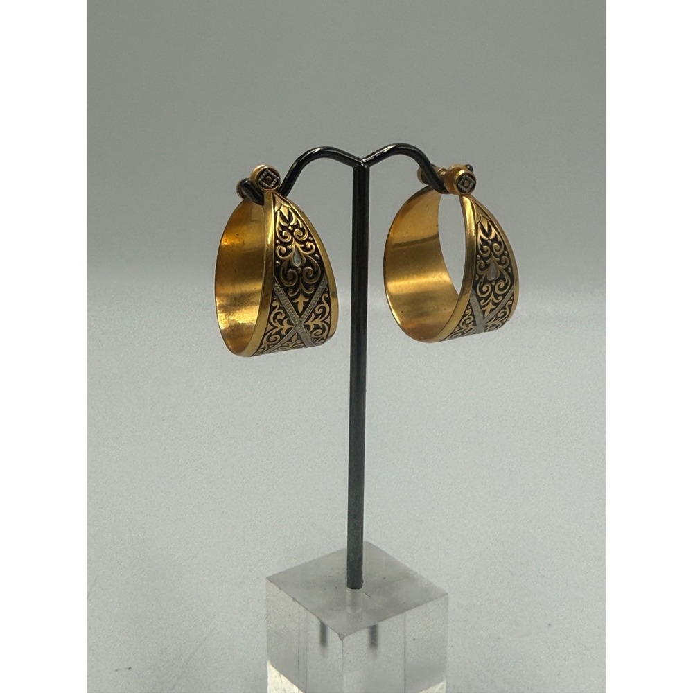Vintage Damascene Style Gold Silver Tone Floral Scroll Screw Back Hoop Earrings
